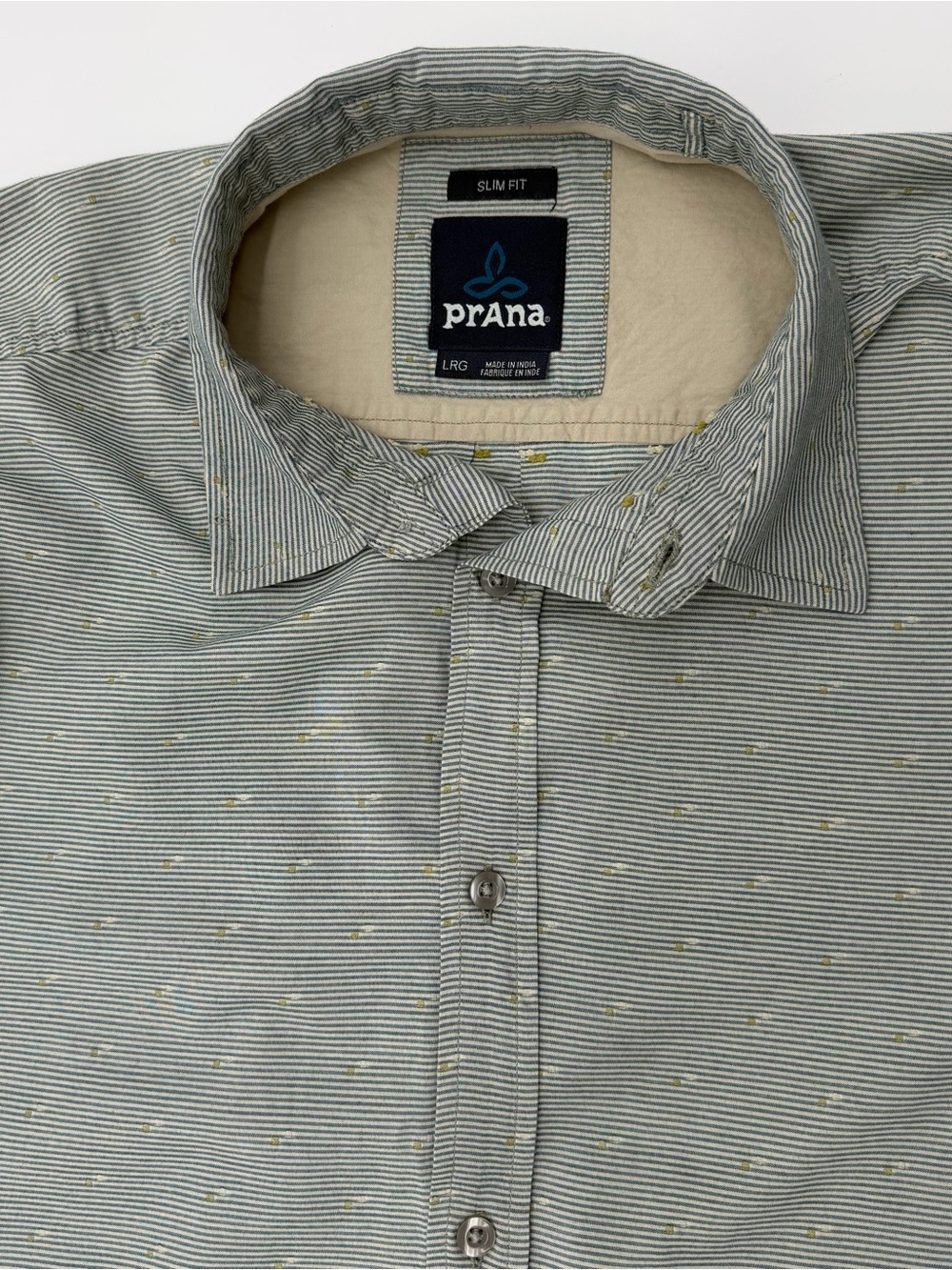 Prana Men's Button-Down Shirt in Pale Green Micro-Stripe with Yellow Dots
